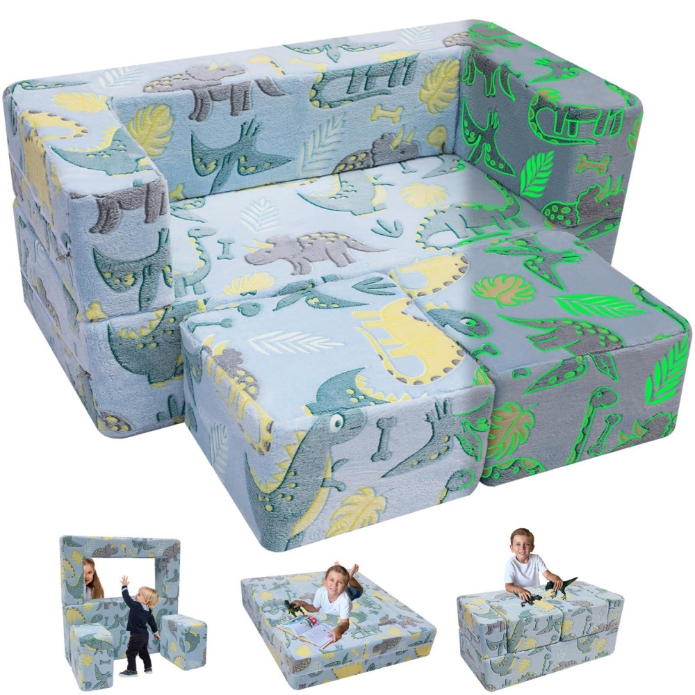 Memorecool Modular Kids Sofa Toddler Play Couch Fold Out For Playroom Dinosaur Glow In Dark Convertible Plush Foam Chair For Ch