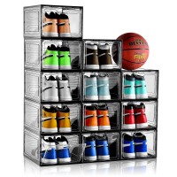 Insty 12 Pack Gray Transparent Shoe Storage Organizer Stackable Shoe Boxes For Closet Drop Front Plastic Shoe Box With Grey Do