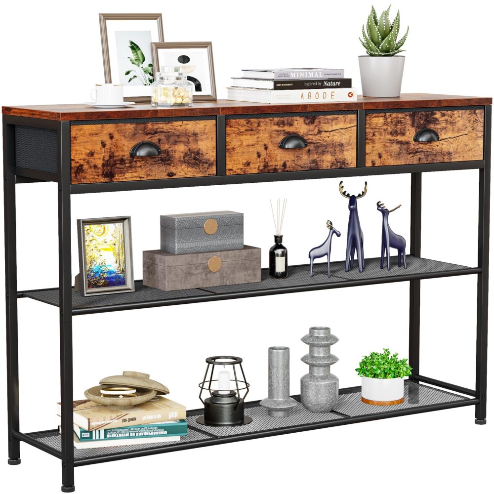 Furologee Entryway Table 38 Console Sofa Table With 3 Fabric Drawers Industrial Entry Way Table With Storage Shelves Displa