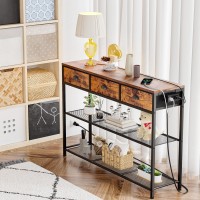 Furologee Console Table With Charging Station & 3 Fabric Drawers, 38'' Entryway Table With Storage Shelves, Industrial Foyer Table For Entry Way, Display Shelf For Hallway, Rustic Brown