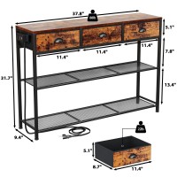 Furologee Console Table With Charging Station & 3 Fabric Drawers, 38'' Entryway Table With Storage Shelves, Industrial Foyer Table For Entry Way, Display Shelf For Hallway, Rustic Brown