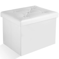 Docvania Small Storage Ottoman Foot Rest Stool Short Ottoman Foot Stools Foldable Footrest Faux Leather Folding Storage Thicker Foam Rectangle Collapsible Bench,17X13X13 White