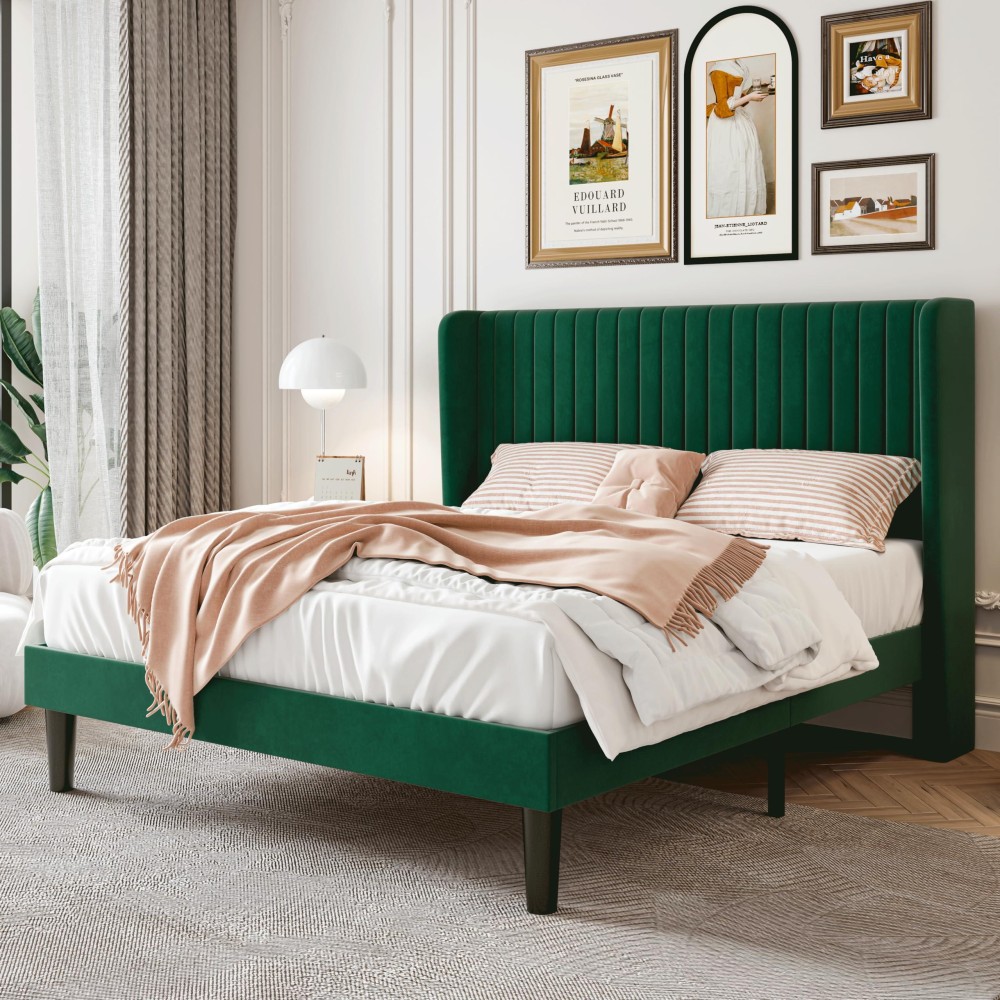 Sha Cerlin Queen Size Velvet Bed Frame With Vertical Channel Tufted Wingback Headboard Upholstered Platform Bed With Wood Slats