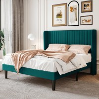 Sha Cerlin Full Size Velvet Bed Frame With Vertical Channel Tufted Wingback Headboard Upholstered Platform Bed With Wood Slats