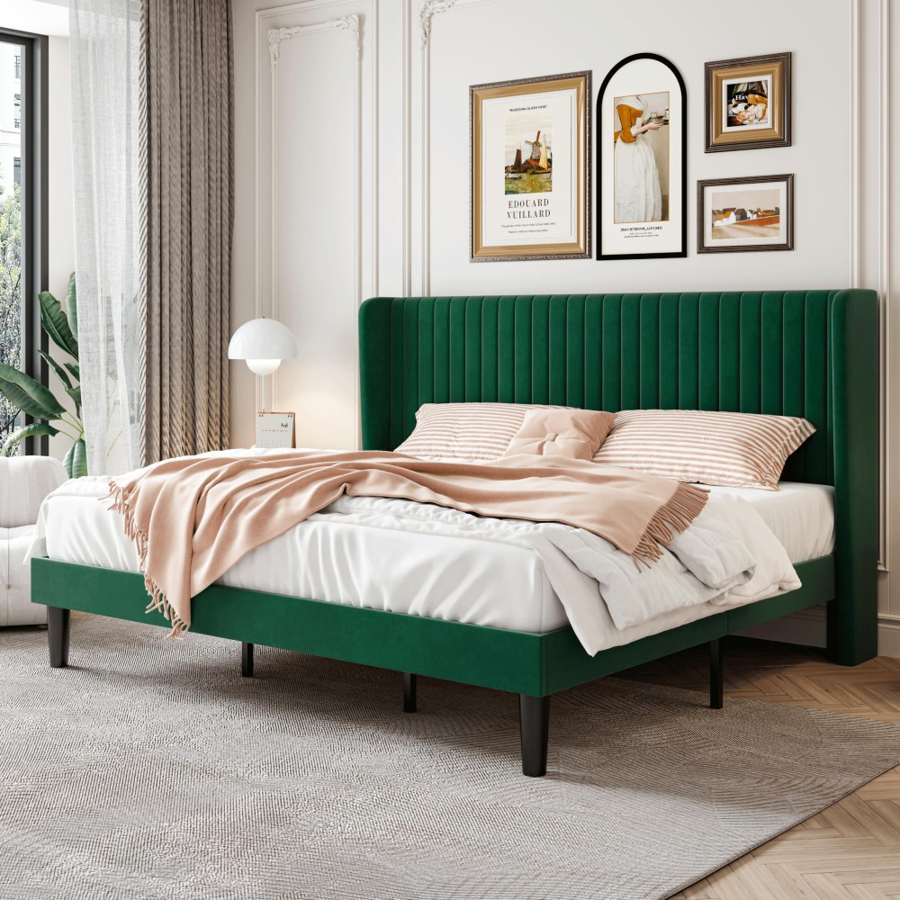 Sha Cerlin King Size Velvet Bed Frame With Vertical Channel Tufted Wingback Headboard Upholstered Platform Bed With Wood Slats