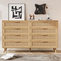 Rovaurx 8 Drawer Double Dresser For Bedroom Rattan Chest Of Dressers Modern Wooden Dresser Chest With Golden Handles Beside T