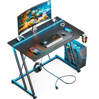 Motpk Small Gaming Desk With Led Lights Power Outlet Computer Desk 315Inch For Small Space Cheap Gaming Table With Carbon F