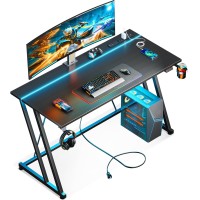 Motpk Gaming Desk With Led Lights Power Outlet Computer Desk 47Inch For Small Space Cheap Gaming Table With Carbon Fiber Tex