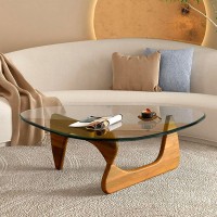 Triangle Glass Coffee Tablemidcentury Modern End Table Solid Wood Base And Vintage Tempered Transparent Glass Top Coffee Table