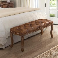 Cozyman Bedroom Bench French Vintage Tufted Leather Bench 452 Carving Upholstered End Of Bed Bench With Distressed Wood Leg