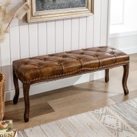 Cozyman Bedroom Bench French Vintage Tufted Leather Bench 452 Carving Upholstered End Of Bed Bench With Distressed Wood Leg