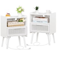 Lerliuo Rattan Nightstands Set Of 2 With Charging Station, Side Table With Drawer Open Shelf, Cane Accent Bedside End Table With Solid Wood Legs, Night Stand For Bedroom, Dorm And Small Spaces (White)