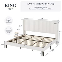 Allewie King Size Velvet Bed Frame/Vertical Channel Tufted Wingback Headboard/Upholstered Platform Bed/No Box Spring Needed/Strong Wooden Slats/Easy Assembly/White