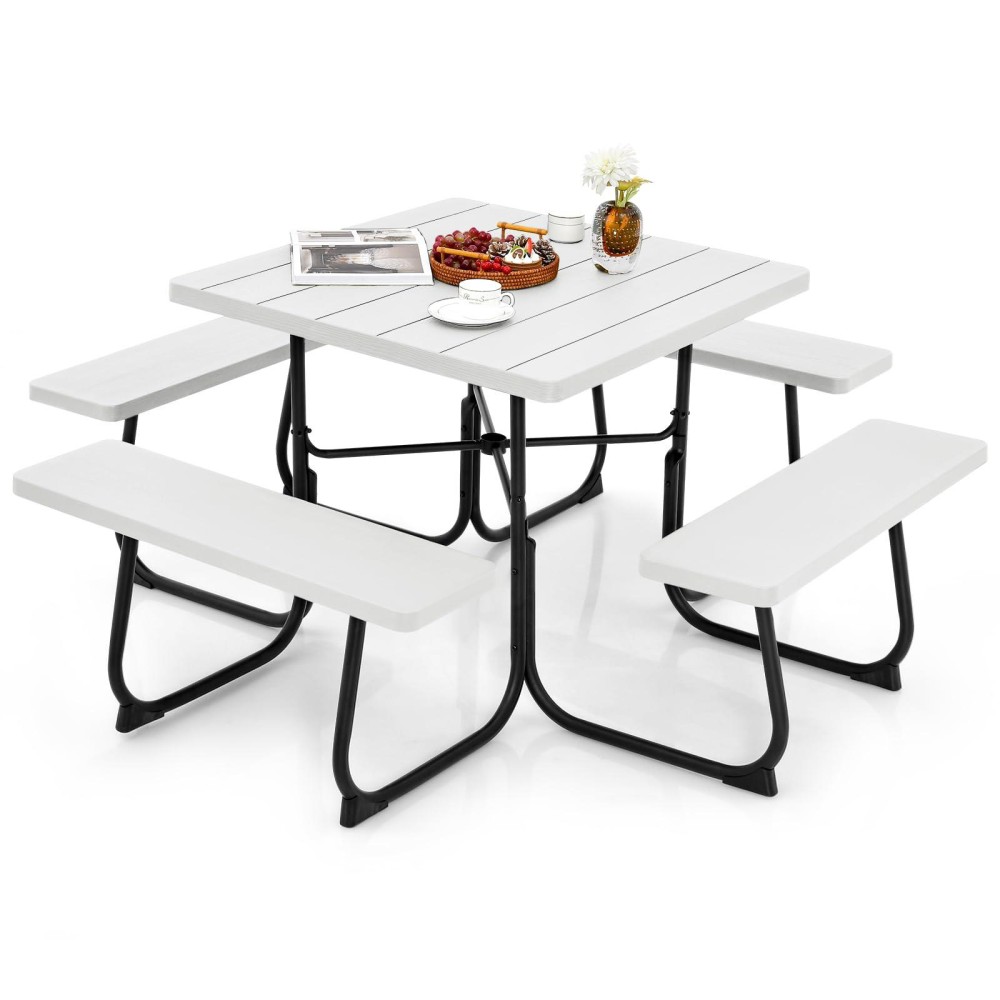 Tangkula 8 Person Picnic Table, Outdoor Square Picnic Table With 4 Built-In Benches, Umbrella Hole, Metal Frame & Hdpe Tabletop, Outside Table And Bench Set For Garden, Backyard, Porch, Patio (White)