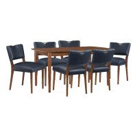 Comfort Pointe Bonito Midnight Blue Faux Leather 7-Piece Dining Set In Walnut Wood Finish