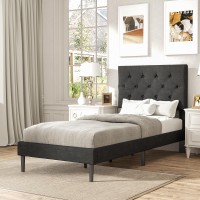 Twin Size Platform Bed Frame With Upholstered Headboard Button Tufted Design No Box Spring Needed Dark Grey