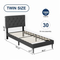 Twin Size Platform Bed Frame With Upholstered Headboard Button Tufted Design No Box Spring Needed Dark Grey