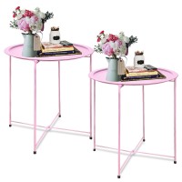 Garden 4 You End Table Pink Folding Tray Metal Side Table Round Sofa Small Accent Fold-Able Table, Round End Table Tray, Next To Sofa Table, Snack Table For Living Room And Bed Room