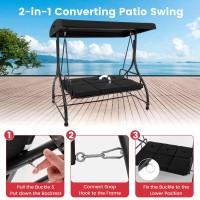 Tangkula 3 Person Porch Swing, 2-In-1 Convertible Patio Swing Bed With Removable Cushions, Solid Steel Structure, Outdoor Swing With Adjustable Canopy For Backyard, Balcony, Poolside (Black)