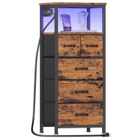 Furnulem Tall Led Dresser With Charging Station, Vertical Storage Tower Unit With Wood Shelf, 5 Drawer Nightstand For Bedroom, Living Room, Hallway, Fabric Bins, Bedside Table Furniture(Rustic Brown)