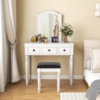 Charmaid Makeup Vanity Desk With Mirror And Stool, 34'' Wide Vanity Table Set With Large Mirror, 3 Drawers, Cushioned Stool, Solid Wood Legs, Bedroom Dressing Table, Gift Idea (White)