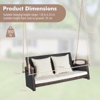 Dortala 2-Person Porch Swing, Outdoor Pe Rattan Hanging Swing Bench With Cushions, Acacia Wood Armrests For Patio Garden Deck, Creamy White