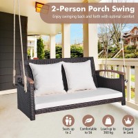 Dortala 2-Person Porch Swing, Outdoor Pe Rattan Hanging Swing Bench With Cushions, Acacia Wood Armrests For Patio Garden Deck, Creamy White