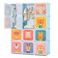 Costzon Children Wardrobe, Kids Bedroom Armoire W/Cubes & Hanging Section, Cute Animal Patterns, Portable Hanging Closet For Kids' Room, Nursery (12 Cubes, Blue)