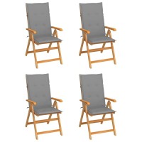 Vidaxl Solid Teak Wood Patio Chairs With Adjustable Backrest And Gray Cushions - Set Of 4, Durable Weather-Resistant Outdoor Furniture