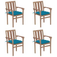 Vidaxl 4-Set Patio Chairs - Stackable Outdoor Seating Crafted From Durable, Weather-Resistant Teak Wood - Includes Comfortable, Light Blue Cushions