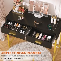 Cyclysio Vanity Desk With Charging Station Black Makeup Vanity With Lighted Mirror Trifold 36 Vanity Set With Drawers Van