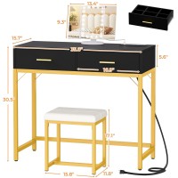 Cyclysio Vanity Desk With Charging Station Black Makeup Vanity With Lighted Mirror Trifold 36 Vanity Set With Drawers Van