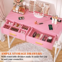 Cyclysio Vanity Desk With Charging Station Pink Makeup Vanity With Lighted Mirror Trifold Small Vanity Set With Drawers And