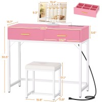 Cyclysio Vanity Desk With Charging Station Pink Makeup Vanity With Lighted Mirror Trifold Small Vanity Set With Drawers And