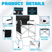 Aqniegep Makeup Chair For Makeup Artist Tall Folding Directors Chair Makeup Artist Chair For Clients Directors Chair With Side Table Cup Holder Footrest Bags 400 Lbs Load(Seat Height 26.4 Inches)