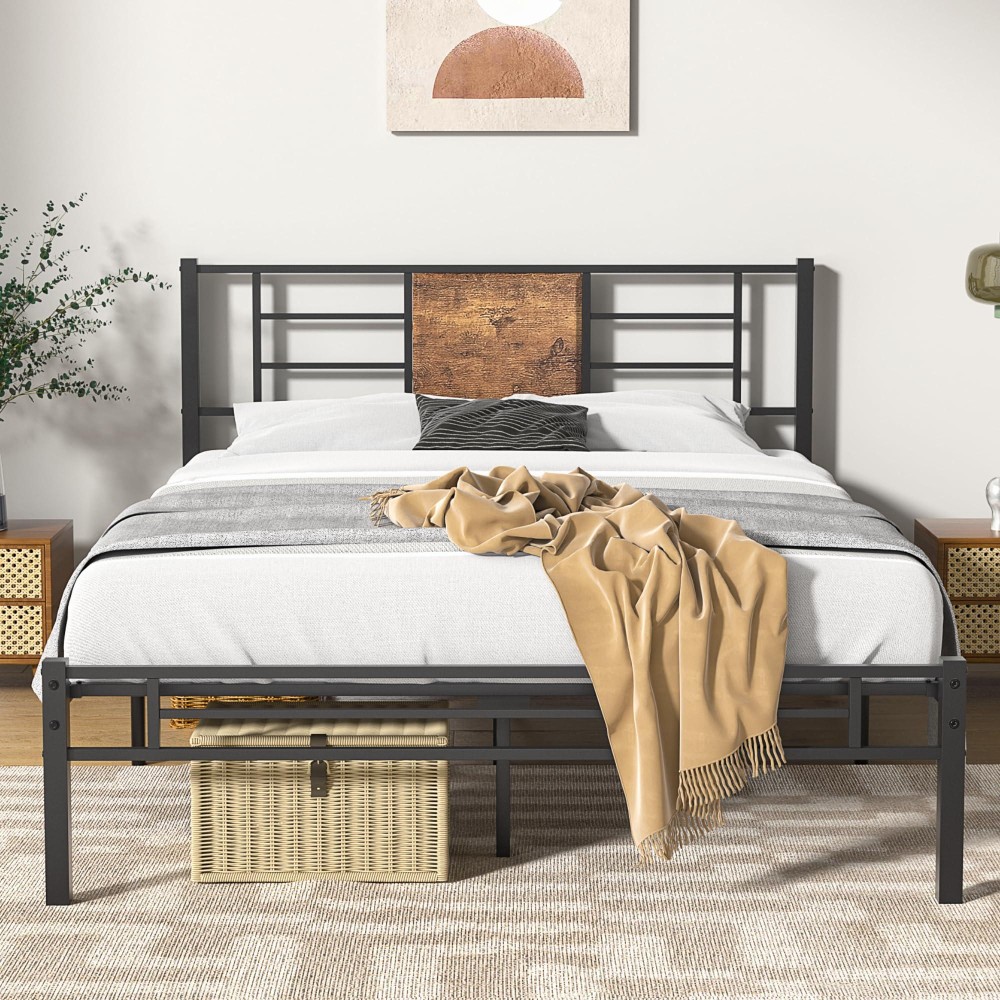 Vecelo Queen Size Bed Frame With Headboard, Heavy-Duty Platform With Steel Slats Support, No Box Spring Needed/Easy Assembly, Matte Black & Brown