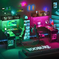 Yoobure L Shaped Desk Gaming Desk With Led Strip Power Outlet Reversible Lshaped Computer Desk With Storage Shelf Drawer