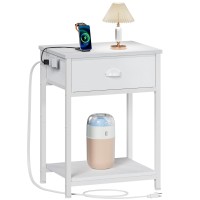 Furologee White Nightstand With Charging Station, Small Bed Side Table With Fabric Drawer For Small Spaces, 2 Tiers Storage Shelves End Table For Living Room, Bedroom, Dorm