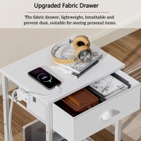 Furologee White Nightstand With Charging Station, Small Bed Side Table With Fabric Drawer For Small Spaces, 2 Tiers Storage Shelves End Table For Living Room, Bedroom, Dorm