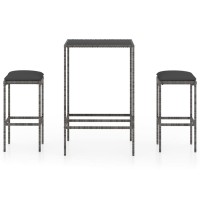 Vidaxl 3-Piece Outdoor Patio Bar Set - Weather-Resistant Poly Rattan Construction - Comfortable Stools With Cushions - Tempered Glass Top Table - Anthracite Cushion Color - Easy Assembly Required