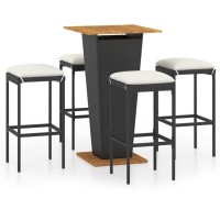 Vidaxl 5-Piece Patio Bar Set With Cushions, Weather-Resistant Pe Rattan, Black, Featuring Solid Acacia Wood Tabletop And Base