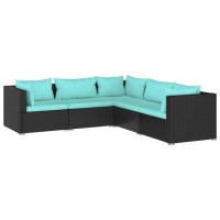 Vidaxl Outdoor Lounge Set With Cushions, 5 Piece Patio Sectional Furniture Set, Pe Rattan And Powder-Coated Steel, Easy Assembly, Modular Design, Water Blue And Black