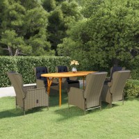 Vidaxl 7-Piece Patio Dining Set - Solid Acacia Wood Table With Oil Finish, Pe Rattan Chairs With Padded Cushions, Brown/Black