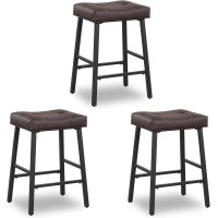 Kairuituch 24 Inch Bar Stools Set Of 3 Counter Height Backless Saddle Bar Stools Upholstered Brown Barstools With Black Metal