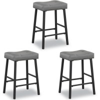 Kairuituch Bar Stools Set Of 3 24 Inch Counter Height Backless Saddle Bar Stools Upholstered Gray Barstools With Black Metal L