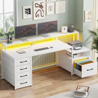 Sedeta White Computer Desk With 5 Drawer Power Outlet 66 Home Office Desk With File Drawer Storage Shelves Printer Cabine