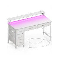 Seventable Computer Desk With Power Outlets & Led Light, 39 Inch Home Office Desk With 5 Drawers, Writing Desk With Monitor Stand, Work Desk For Home Office, White
