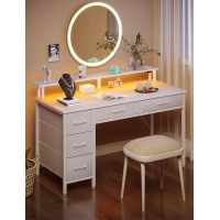 Seventable Computer Desk With Power Outlets & Led Light, 39 Inch Home Office Desk With 5 Drawers, Writing Desk With Monitor Stand, Work Desk For Home Office, White