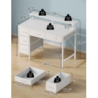 Seventable Computer Desk With Power Outlets & Led Light, 39 Inch Home Office Desk With 5 Drawers, Writing Desk With Monitor Stand, Work Desk For Home Office, White