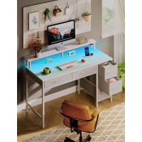 Seventable Computer Desk With Power Outlets & Led Light  47 Inch Home Office Desk With 5 Drawers  Writing Desk With Monitor Stand  Work Desk For Home Office  White